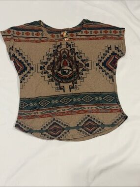 Boho Hamsa Graphic Short Sleeve Tee in Tan with Teal & Rust Accents